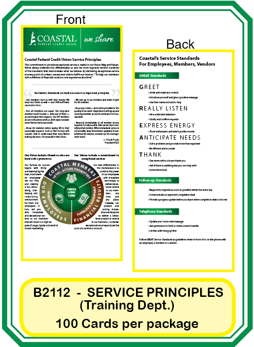 Service Principles Buck Card-Training Dept.**<b>Order By:  Pack of 100 cards</b>